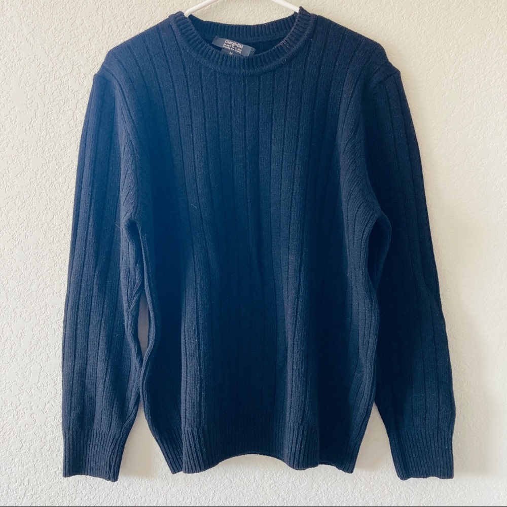 Giorgiolini Made in Italy 100% Wool Black Rib Knit Crewneck Sweater Men’s M